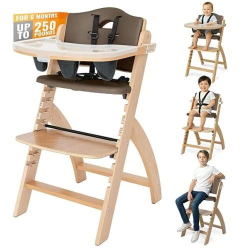 Abiie Beyond Junior Convertible Wooden High Chair with Removable Tray | 3-in-1 Adjustable Highchair for Babies & Toddlers, Fits 6 Mos to 250 lbs, Water-Resistant, Natural Wood w/ Shiitake Cushion