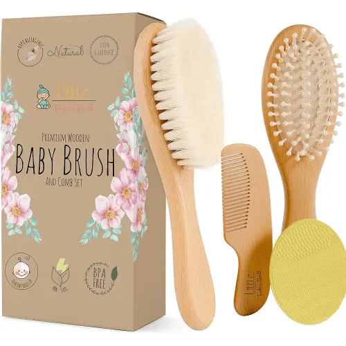 Baby Hair Brush and Comb Set for Newborn Wooden 4 Piece Soft Goat Hair Bristles, and Comb Set for Newborn Girl Boy and Toddler Soft Cradle Cap New Born Infant Hair Brushes Perfect Baby Registry Gift