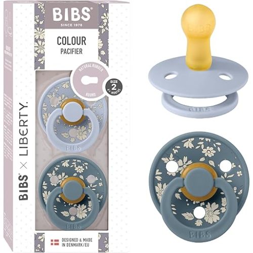 BiBS Liberty Pacifier 2-Pack, BPA Free Pacfiers with Natural Latex Round Nipple, Made in Scandinavia, Size 2 (6-18 Months), Capel Dusty Blue