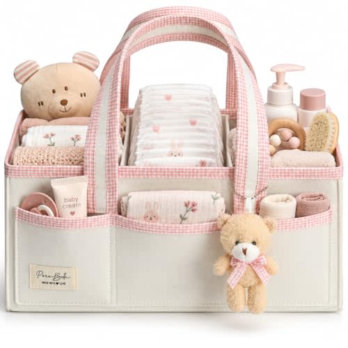 PeraBella Baby Diaper Caddy Organizer, XL Baby Basket Shower Gift Caddy, Portable Felt Changing Table Basket, Nursery Storage Bin, Newborn Boy and Girl Essentials for Registry, Car Diaper Organizer