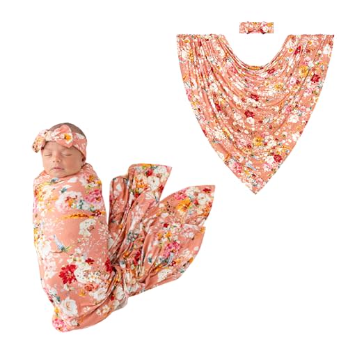 Posh Peanut Swaddle Blanket & Headband Set – Viscose from Bamboo Stretchy Baby Swaddle for Newborn Girls, Receiving Blanket or Nursing Cover