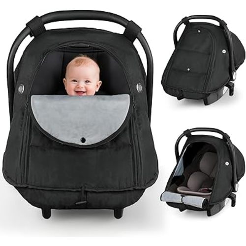 Waterproof Baby Car Seat Cover for Winter, Weatherproof Fleece Lined Infant Carrier Canopy with Breathable Vents & Adjustable Olive Buckles – Universal Fit for Boys & Girls