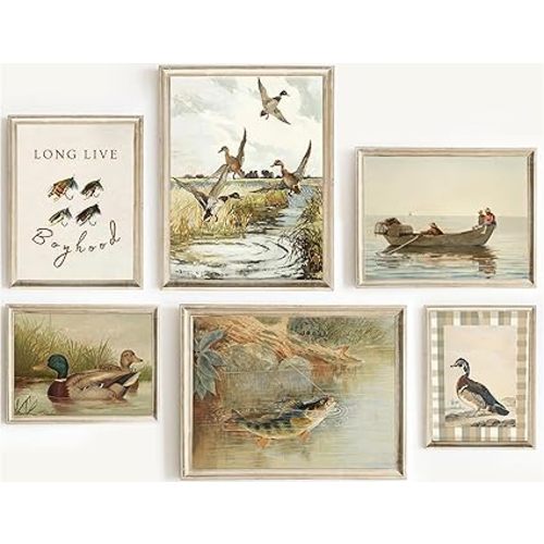 Vintage Nursery Wall art Fishing water bird Baby Boy Room Wall Decor Rustic Farmhouse Animal Mallards Marsh Landscape Poster Print Artwork for Children's Room Bedroom Home Decoration Unframe