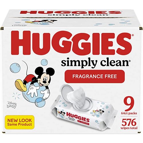 HUGGIES Simply Clean Baby Wipes, 9 Flip-Top Packs ( Wipes Total) White Unscented 576 Count (Pack of 9)