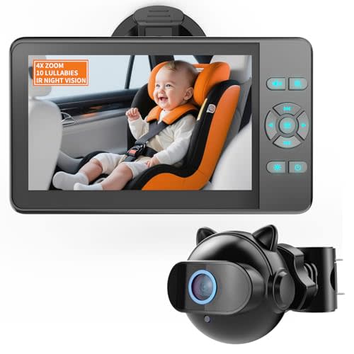 Baby Car Camera,Plug and Play Easy Setup 4.3'' HD 1080P Car Baby Monitor with 4X Zoom,10 Lullabies, Auto IR Night Vision, 360° Rotation Car Camera for Baby,Newborns,Pets