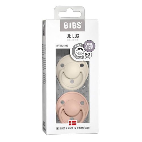BIBS Pacifiers - De Lux Collection | BPA-Free Round Nipple | Silicone | Made in Denmark | Set of 2 Ivory/Blush Color Premium Soothers | Size One Size