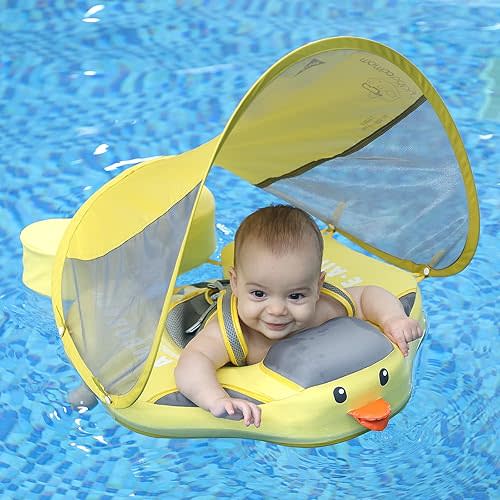 Mambobaby Float Upgrade Add Tail Baby Float with Canopy for Infant Waist Swimming Ring Swim Trainer Non-Inflatable Floats Toys with Adjustable Safety Strap (Yellow Duck)