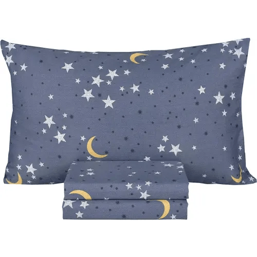 Scientific Sleep Moon & Stars Boys Girls 100% Cotton 3 Pcs Twin Bed Sheet Set Kids Toddler Teen, Flat Sheet & Fitted Sheet & Pillowcase Kids Bedding Set