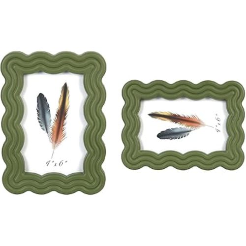 4x6 Picture Frame, Display Pictures 4x6 with Mat, Wavy Edge Wood Photo Frame for Tabletop and Wall Hanging, with Clear Plexiglass for Vertical or Horizontal Display, Green, 1 Pack