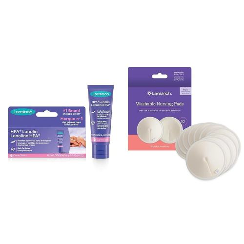 Lansinoh Breastfeeding Essentials Kit - Disposable Nursing Pads, Super Absorbent Breast Pads, 100 Count + Manual Breast Pump with 5oz Baby Bottle & Slow Flow Nipple