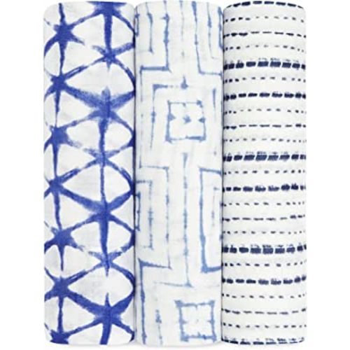 aden + anais Silky Soft Swaddle Blanket,100% Viscose from Bamboo Muslin Blankets for Girls & Boys, Baby Receiving Swaddles, Ideal Newborn & Infant Swaddling Set, 3 Pack, Indigo Shibori
