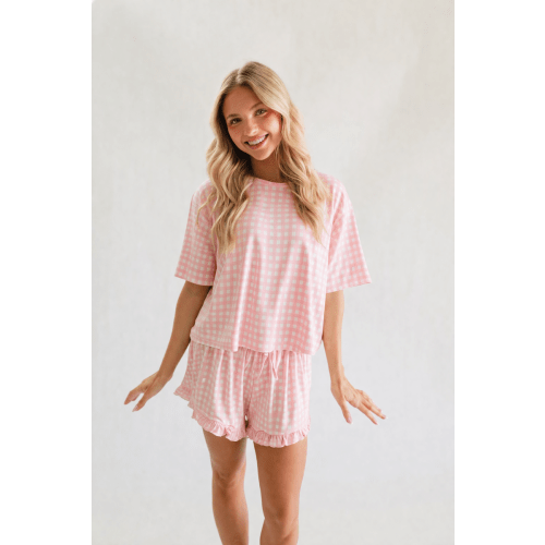 Women's Ruffle Short Set in Pink Gingham