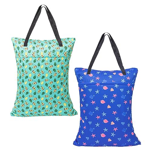 ALVABABY 2 Pack Large Wet Dry Bag Waterproof Hanging Cloth Diaper with Double Zippered Pockets 25x18 inches (Avocados and starfish)