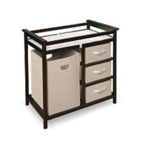 Badger Basket Modern Baby Changing Table for Nursery - Diaper Changing Station with Laundry Hamper, 3 Storage Drawers, Changing Pad, and Safety Belt - Espresso and Ecru