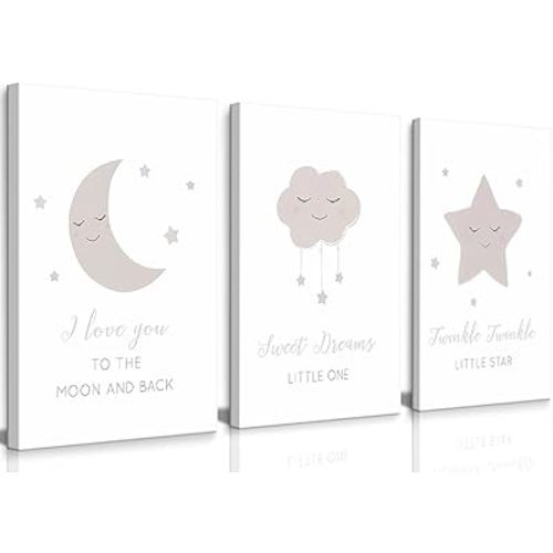Framed Nursery Wall Art Beige Boho Moon Stars Cloud Canvas Wall Decor Neutral Nordic Baby Gentle and Sweet Cartoon Pictures Prints Posters for Boys Girls Bedroom Kids Room Ready To Hang 12x16inx3