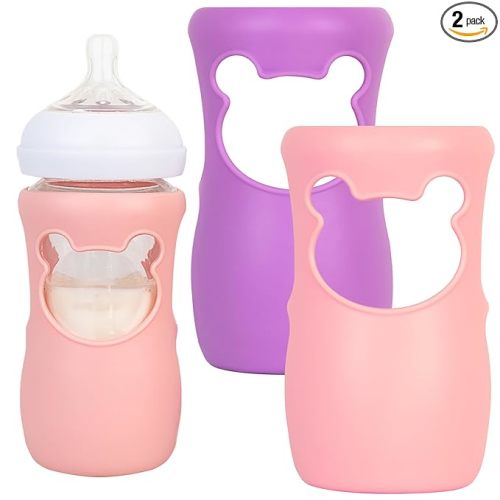 Philips Avent Silicone Baby Bottle Sleeves - Anti Breakage Holder for Natural Glass Baby Bottles, Compatible with Avent, 8oz - Pack of 2 (Pink and Purple)