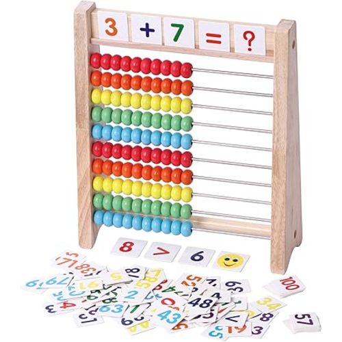 Educational Abacus for Kids Math - 10 Row Wooden Counting Frame with Number 1-100 Cards - Teach Counting, Addition and Subtraction, Preschool Learning Math Toys for Boys Girls Gift 3 4 5 Year Old