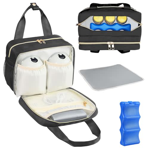 PIIOSER Breastmilk Cooler Bag with Ice Pack, Compatible with Wearable Breast Pumps & Accessories - Portable Pumps Carrying Case for Nursing & Working Moms, Black