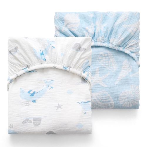 Momcozy Muslin Standard Fitted Crib Sheets, 52"x28", 2 Pack Soft Breathable Natural Cotton Baby Mattress Sheet, 360° Mattress Wrapping No Slip Boys Girls Neutral Toddler Bed Sheet, Ocean Sound