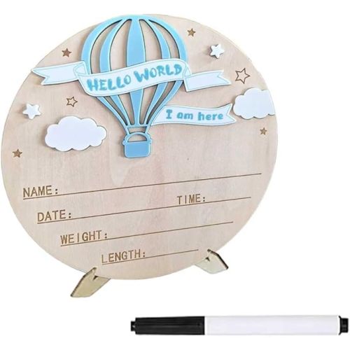 Baby Name Announcement Sign, Hello World Newborn Sign, 5.9in Wooden Welcome Birth Newborn Announcement Sign (Blue)