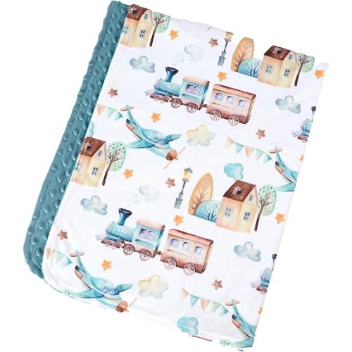 Premium Soft Plush Lightweight Minky Dot Toddler Baby Blanket for Newborn 30"x40" - Soft Baby Blanket for Boys and Girls - (Airplane and Train Dark Blue) Unisex