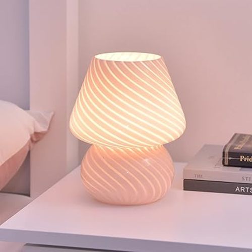 BestAlice Mushroom Lamp, Glass Mushroom Night Light USB Rechargeable Remote Control Three Colors Dimmable Small Bedside Lamp, Vintage Style Striped Decor Lamp for Home Bedroom Festival Gift, White