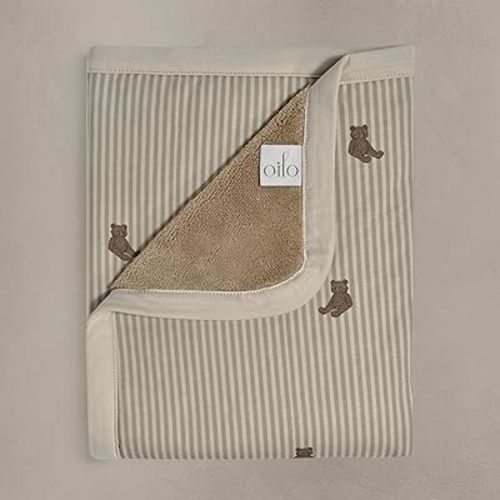Oilo Baby Blanket, Luxury Plush Chenille Backing & Organic Cotton Jersey Print, Double Layered, 30" x 40", Rolled Jersey Edge Trim, Infant & Toddler Size, Heirloom Organic Collection, Bear