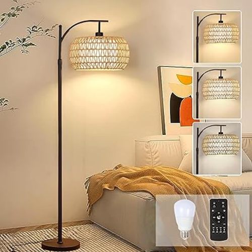 Arc Floor Lamp for Living Room Rattan Boho Floor Lamp with Remote Control,Dimmable LED Floor Lamp Wicker Lamp Shades Black Standing Lamp with 3 Color Temperature Tall Floor Lamp For Bedroom Corner