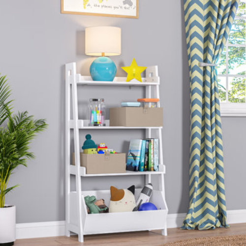 RiverRidge Home RiverRidge Kids 4-Tier 13in Ladder Shelf Toy Organizer and Book Storage with 3 Open Display Shelves- White with Two 5" Fabric Bins | Wayfair