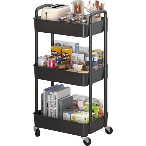 Sywhitta 3-Tier Plastic Rolling Utility Cart with Handle, Multi-Functional Storage Trolley for Office, Living Room, Kitchen, Movable Storage Organizer with Wheels, Black - 3-tier