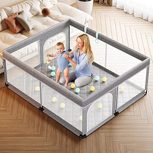 Corralito grande para bebés con tapete de 71 x 59 pulgadas, corralito de seguridad para interiores para bebés y niños pequeños con alfombra, malla suave y transpirable, esponja totalmente envuelta,