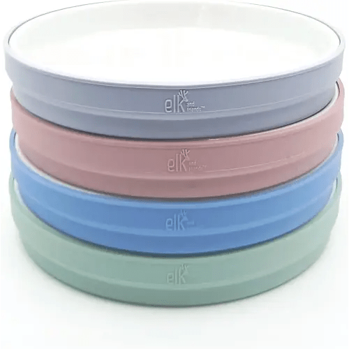 Elk and Friends Kids 7.8” Porcelain White Plates with Silicone Sleeves | Suitable for Kids/Toddlers | Microwave & Dishwasher Safe | Non Slip | Snack Dishes