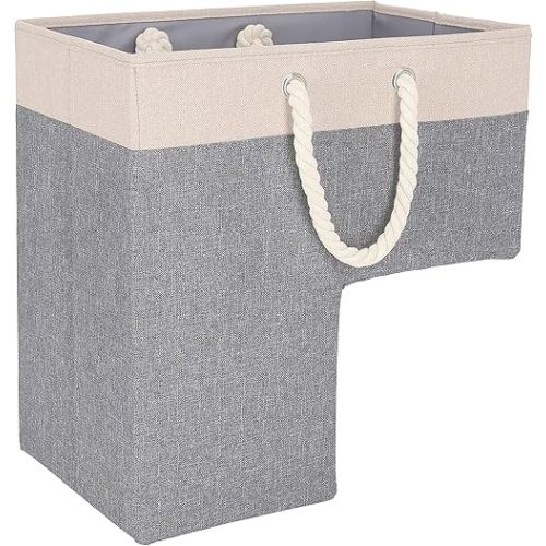 SAM AND MABEL Stairway Storage Basket, Premium Linen Material, Lightweight and Sturdy, Foldable, 16"L x 10"W x 16"H, Lite Cream and Gray