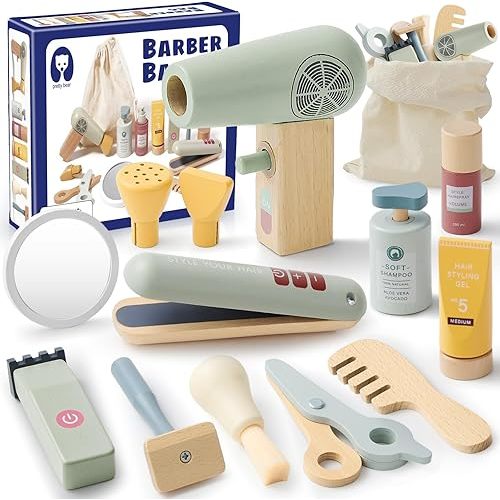 Wooden Barbershop Petend Play Toys for Toddlers 3-5, Kids Shaving Kit for Boys Role Play with Blow Dryer & Shaving Tools, Kids Hair Salon Playset Christmas Birthday Gifts for Kids Boys 3 4 5 6