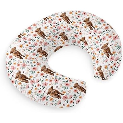HawSkgFub Highland Cow Pink Floral Nursing Pillow Cover for Baby Girl, Boho Retro Flower Western Farm Animal Yak Breastfeeding Pillow Slipcover, Cow Lover Nursing Pillowcase Newborn Infant, Cover Only