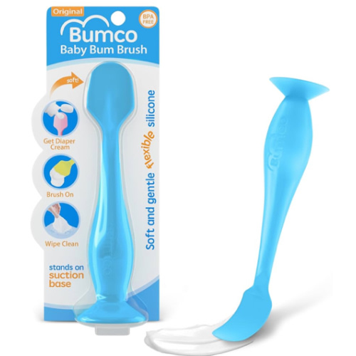Bumco Baby Bum Brush - BPA-Free Diaper Cream Spatula with Suction Cup Base, Soft & Flexible Silicone, Wipe-Clean, Mom-Invented Diaper Bag Essentials (Blue)