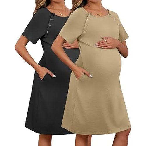 Huukeay 2 Pack Labor Delivery Nursing Hospital Gown Women's 35% Cotton Maternity Birthing Dress 3 In1 Breastfeeding Pajamas