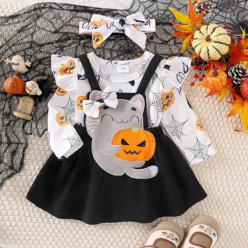 Baby Girl Christmas Thanksgiving Halloween Outfit Ruffled Romper Corduroy Suspender Skirts Sets Fall Winter Clothes
