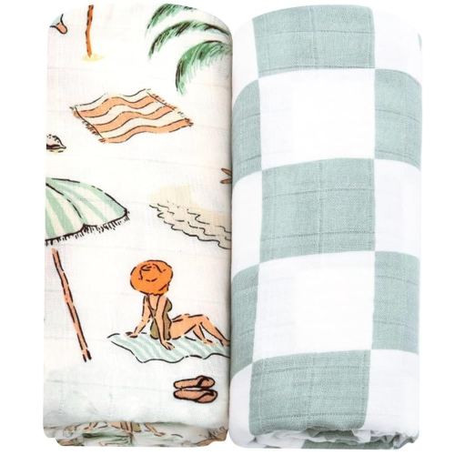 LifeTree Muslin Swaddle Blankets, Baby Swaddling Wrap Nursery Blanket for Boys & Girls, Soft 70% Viscose from Bamboo and 30% Cotton, Large 47 x 47 inches, Sandy Beach & Checkered Pattern