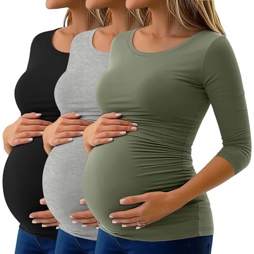 Ficerd 3 Pack Women's Maternity Tops 3/4 Sleeve Round Neck Side Ruched Tunic Pregnancy Shirts Clothes