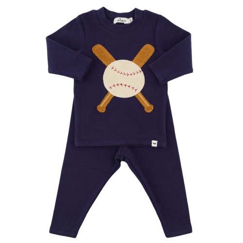 oh baby! Two Piece Set - Terry Baseball Applique - Navy 3/6M