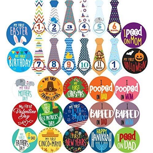 Baby Boy Monthly Milestones, Baby's First & Holiday Sticker Pack - Baby Shower Gifts for Boys - Photo Props
