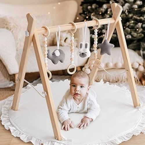 Wooden Baby Play Gym Play Mat Set, Baby Gym with 6 Hanging Sensory Toys Foldable Playgym for Infants Frame Activity Center Hanging Bar for Newborn Shower Gift