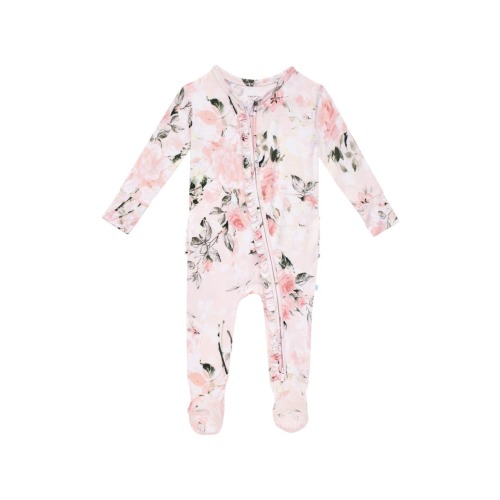 Vintage Pink Rose Ruffle Fitted Footie Pajamas