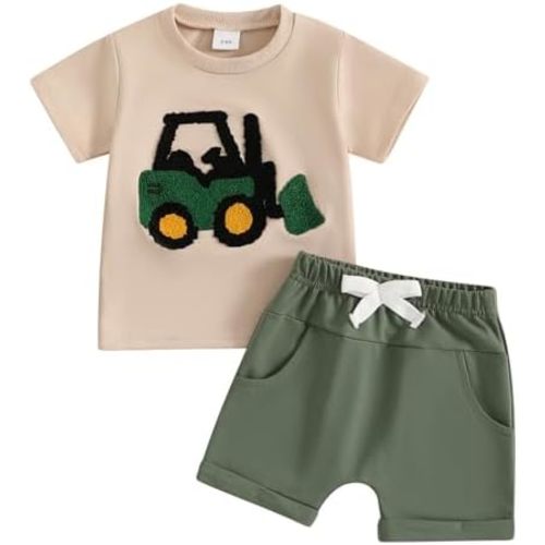 fhutpw Toddler Baby Boy Summer Clothes Embroidery T-Shirt Casual Shorts Sets Infant Truck Excavator Dinosaur Pattern Outfits