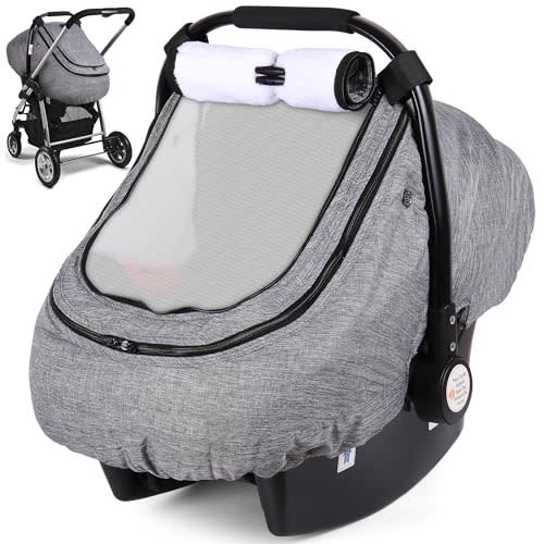 Rquite Car Seat Cover Baby, Carseat Covers Boy Girl, 2 Layers Window -Breathable Mesh & Wind/Sun Shade, Infant Car Seat Canopy Baby Carrier/Stroller Cover, Fit Spring, Fall, Winter, Cold Weather