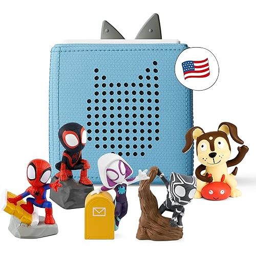 Toniebox Audio Player Starter Set with Spidey, Ghost-Spider, Spin, Black Panther, and Playtime Puppy - Listen, Learn, and Play with One Huggable Little Box - Light Blue