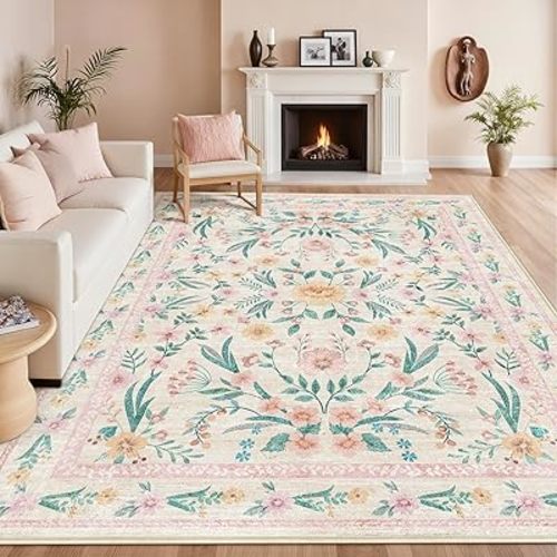 7x9 Pink Boho Floral Area Rug – Washable Non-Slip Soft Carpet for Living Room, Girls Bedroom, Kids Room or Playroom