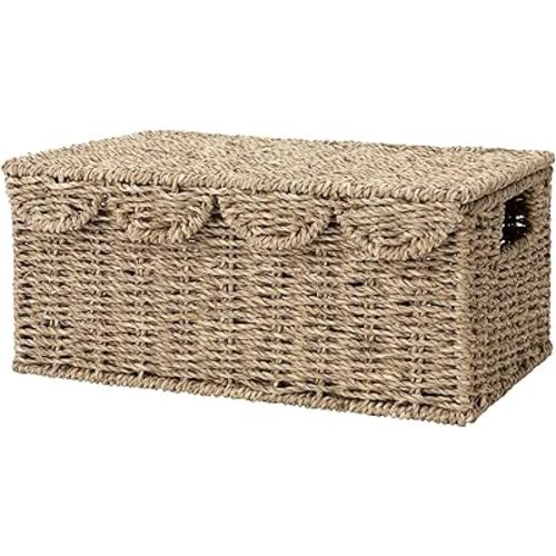 StorageWorks Scalloped Edge Wicker Basket with lid, Wicker Storage Basket with Built-in Handles, Handwoven Basket for Décor, Natural Seagrass Wicker Basket for Shelves, Nursery Room