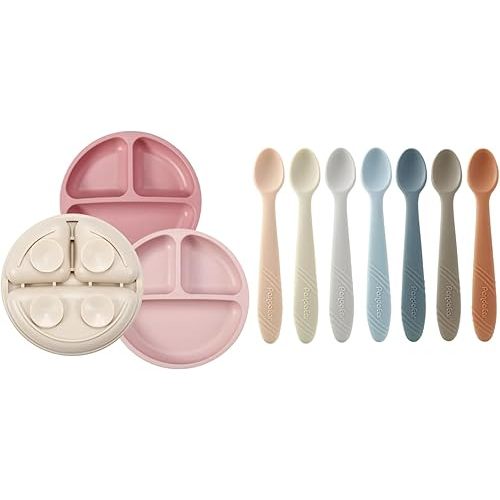 PandaEar 3 Pack Toddler Plates & 7 Pack Silicone Baby Feeding Spoons
